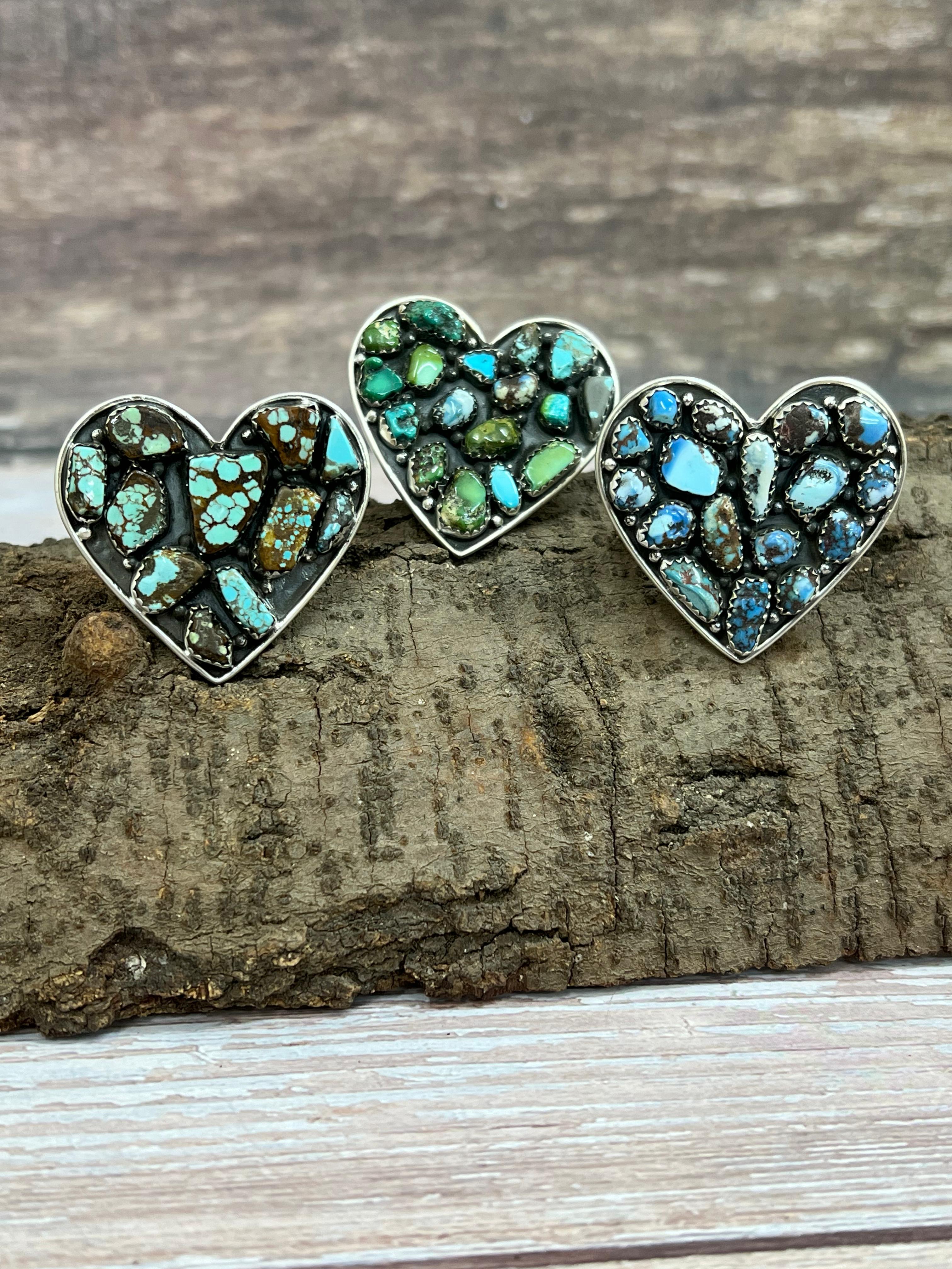 Handmade Sterling Silver Golden Hills, Number 8, Sonoran Mountain Turquoise Heart Adjustable Ring with Signed Nizhoni