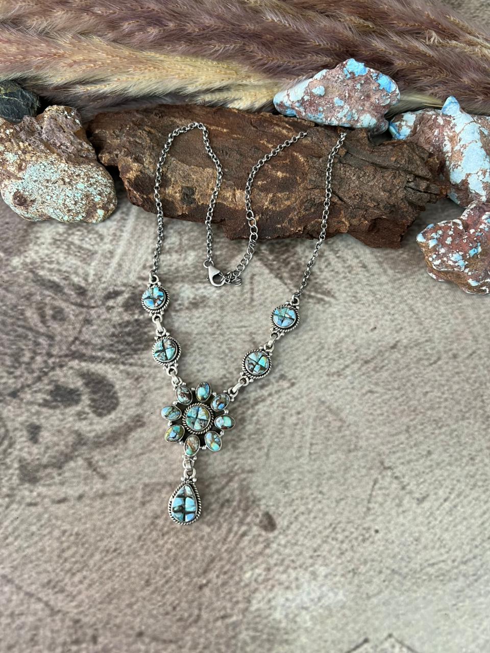 Handmade Sterling Silver 'Golden Hills Turquoise Cobble Collection' Necklace "Signed Nizhoni"