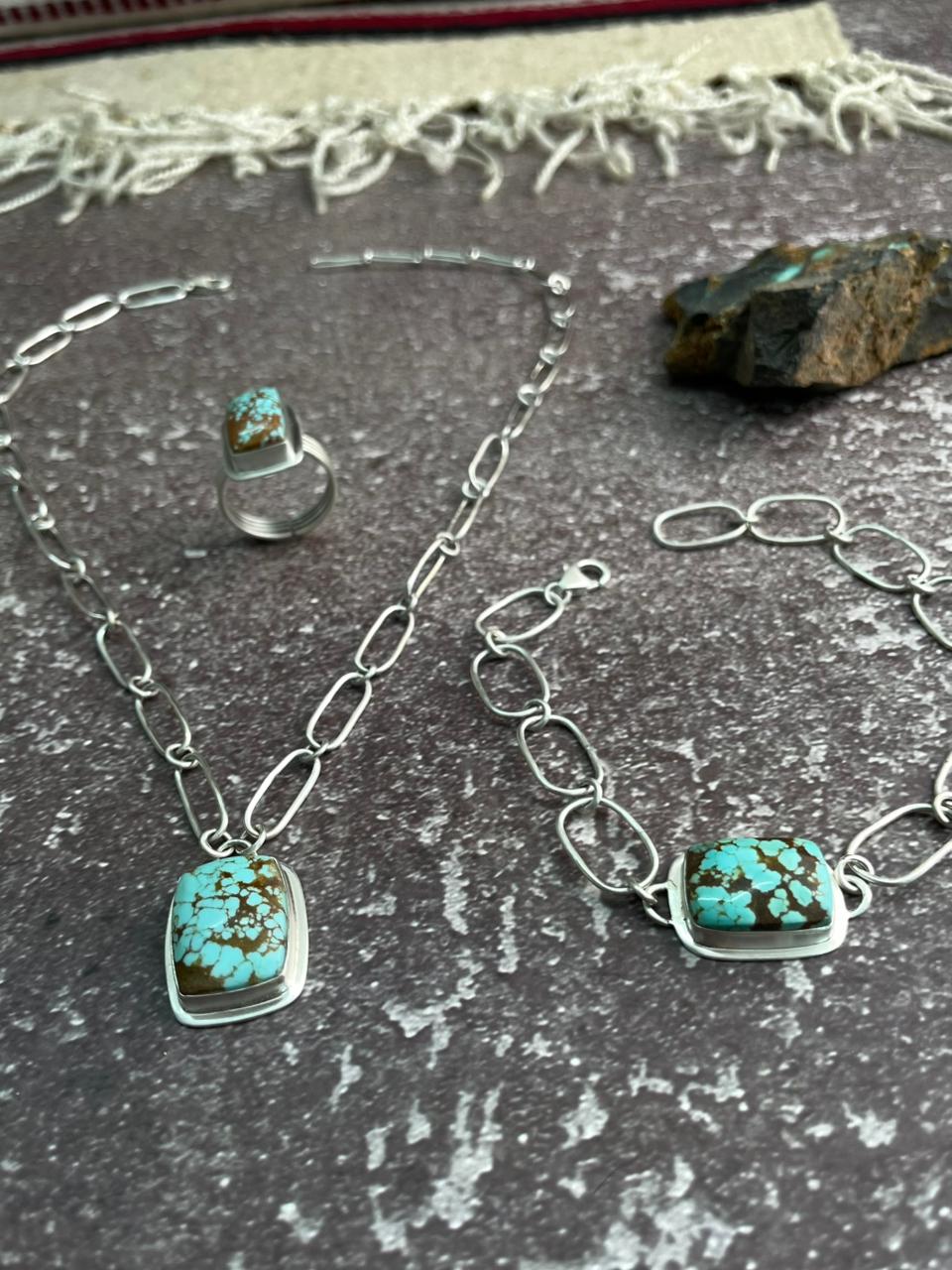 Handmade Sterling Silver Number 8 Turquoise Necklace Bracelet and Ring Set "Signed Nizhoni"
