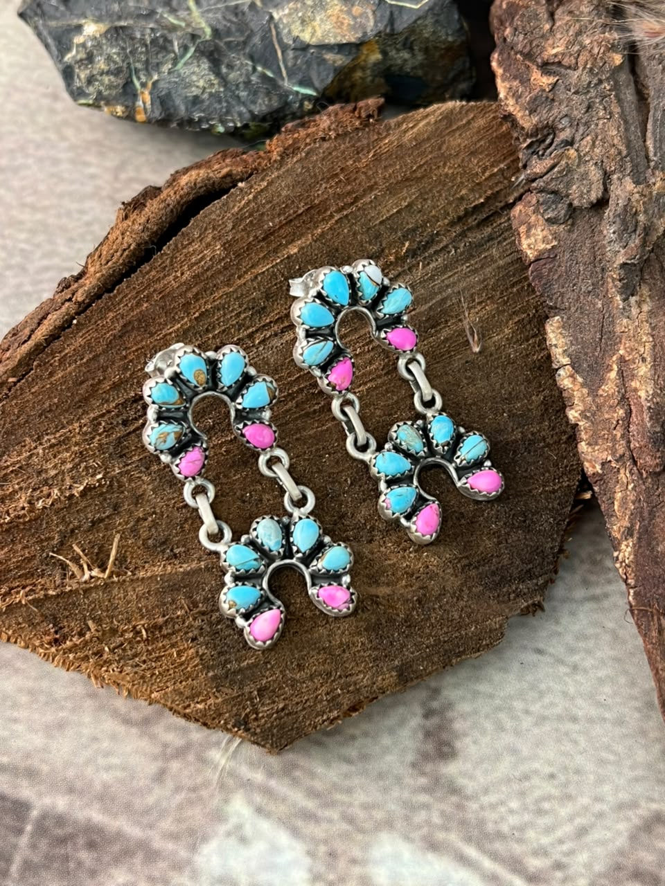 Handmade Sterling Silver Cotton Candy Post Dangle Naja Earrings Signed Nizhoni