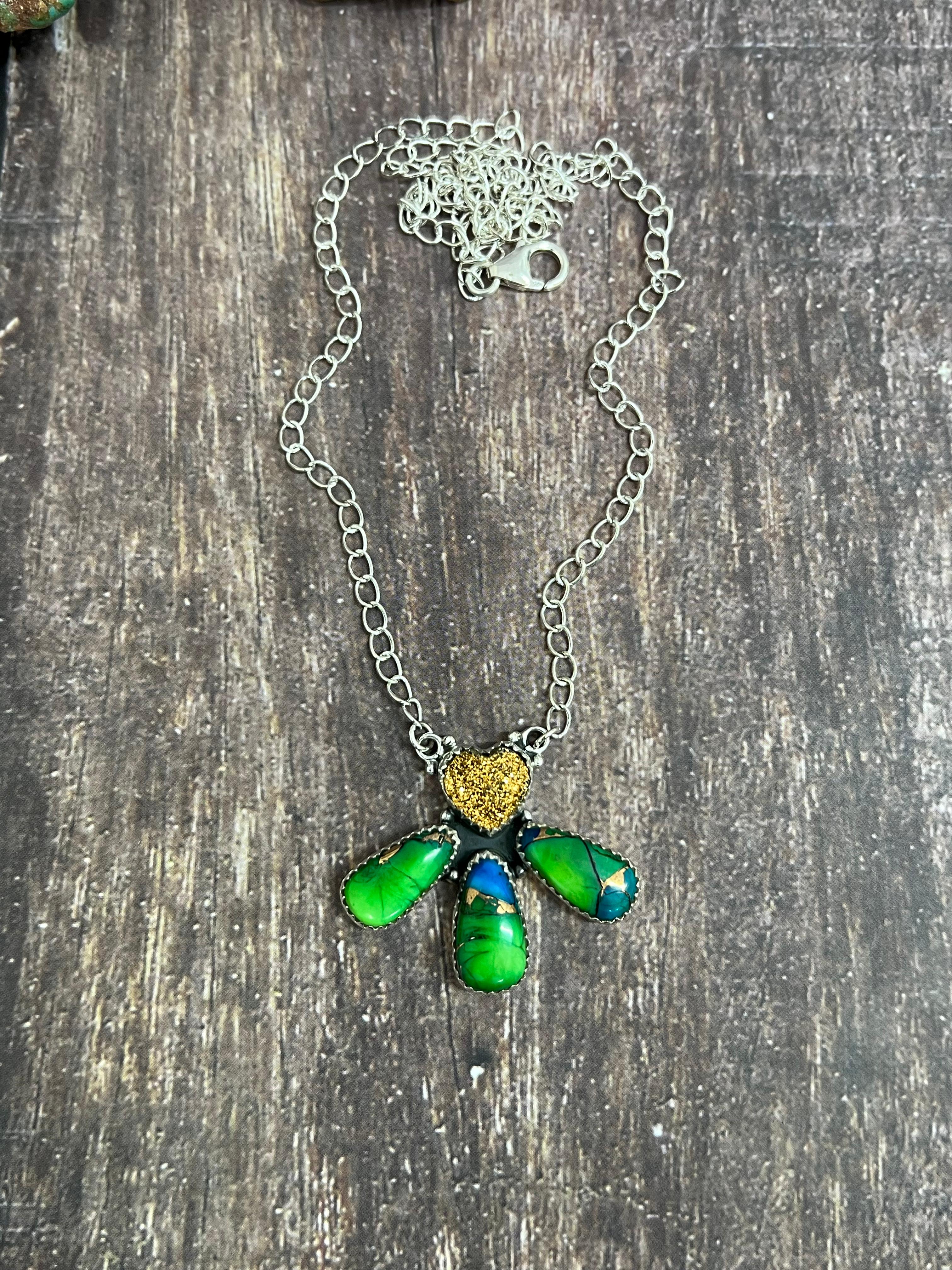 Handmade Sterling Silver Peacock Dahlia with Druzy Necklace with Signed Nizhoni