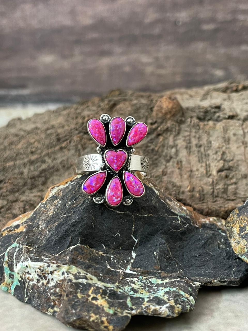 "Heart Collection" Handmade Sterling Silver Hot Pink Adjustable Ring "Signed Nizhoni"