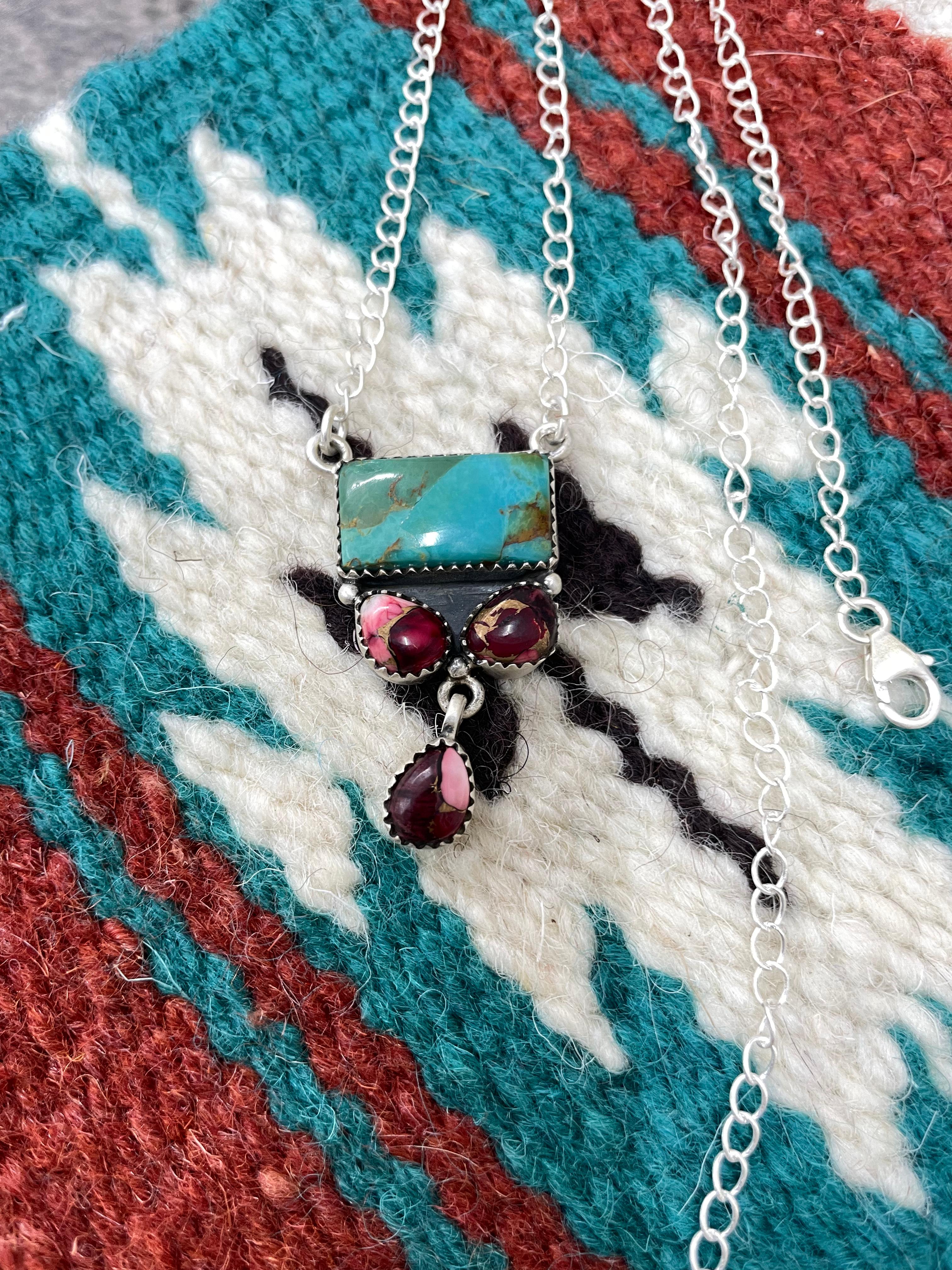 Handmade Sterling Silver Kingman with Dahlia Rose Necklace with Signed Nizhoni