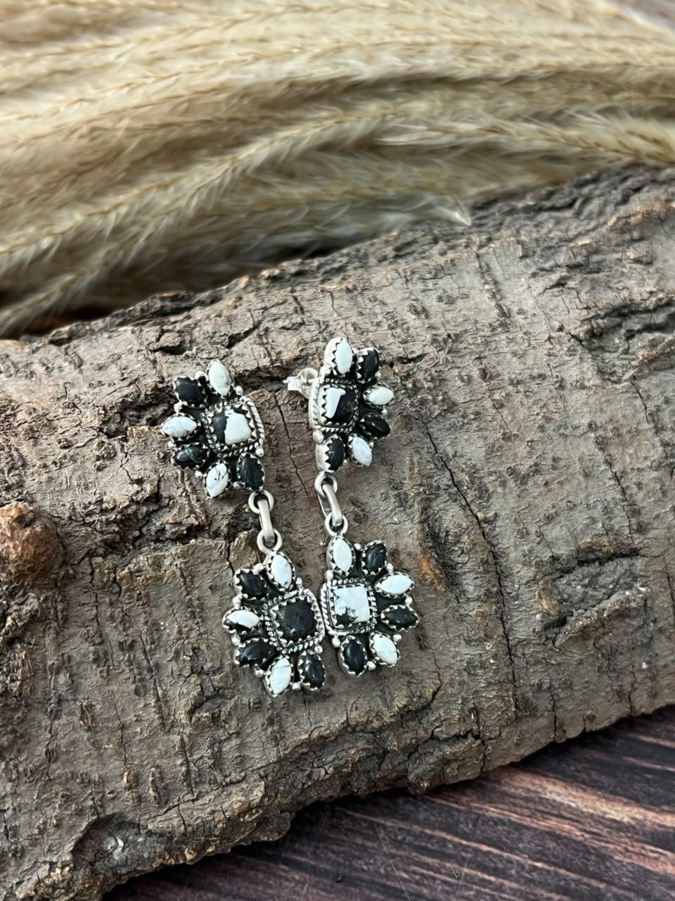 Handmade Sterling Silver White Buffalo Post Dangle Earrings Signed Nizhoni