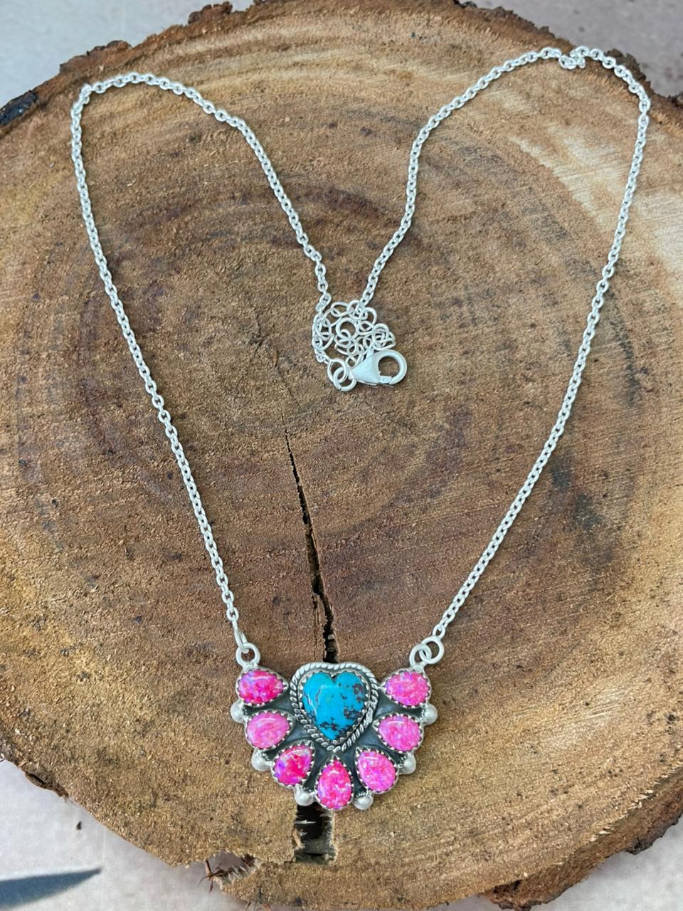 Handmade Sterling Silver Kingman with Hot Pink Necklace "Signed Nizhoni"
