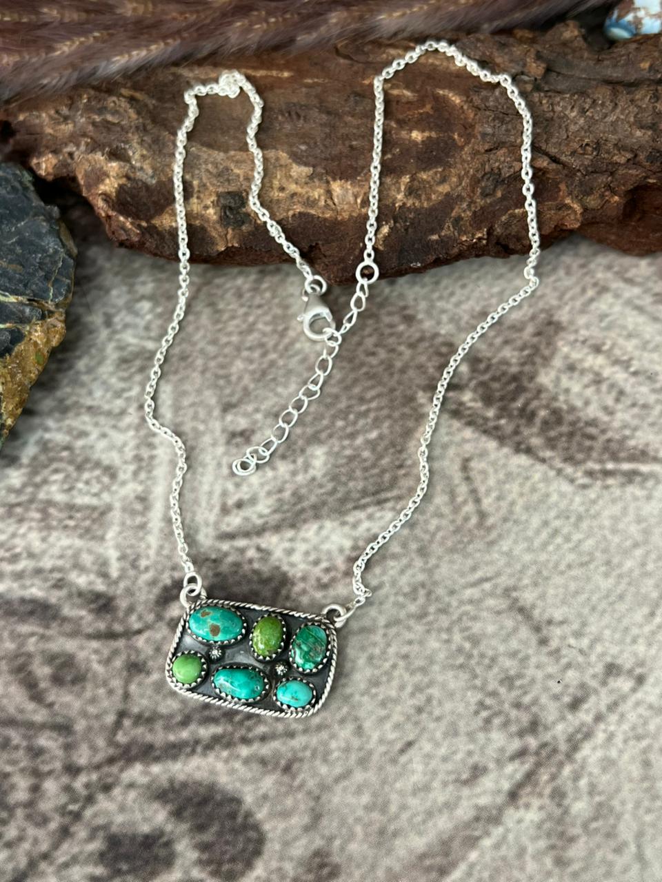 Handmade Sterling Silver Emerlad Valley Turquoise Bar Necklace "Signed Nizhoni"