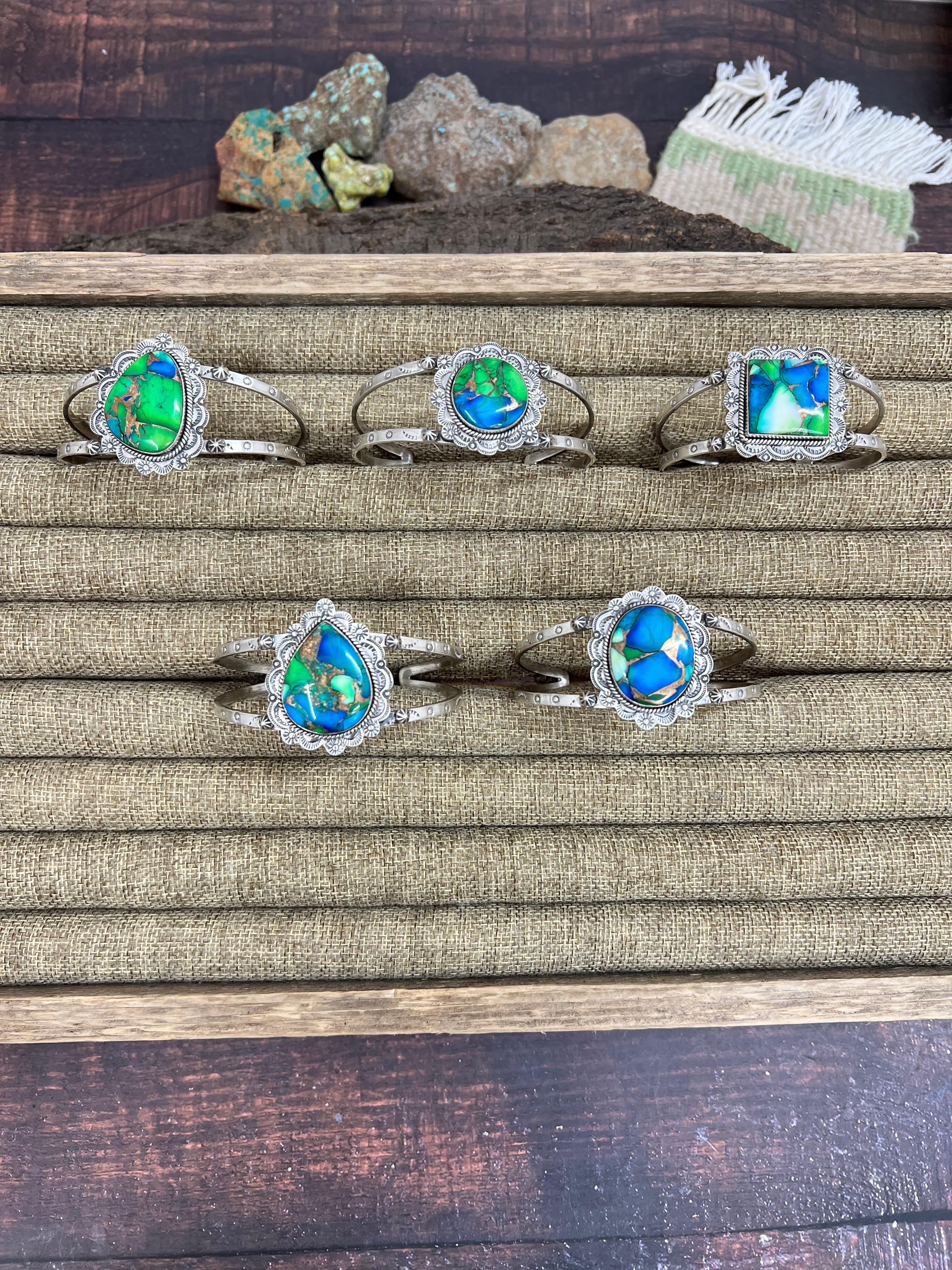 Handmade Sterling Silver Peacock Dahlia Cuff Bracelet with Signed Nizhoni