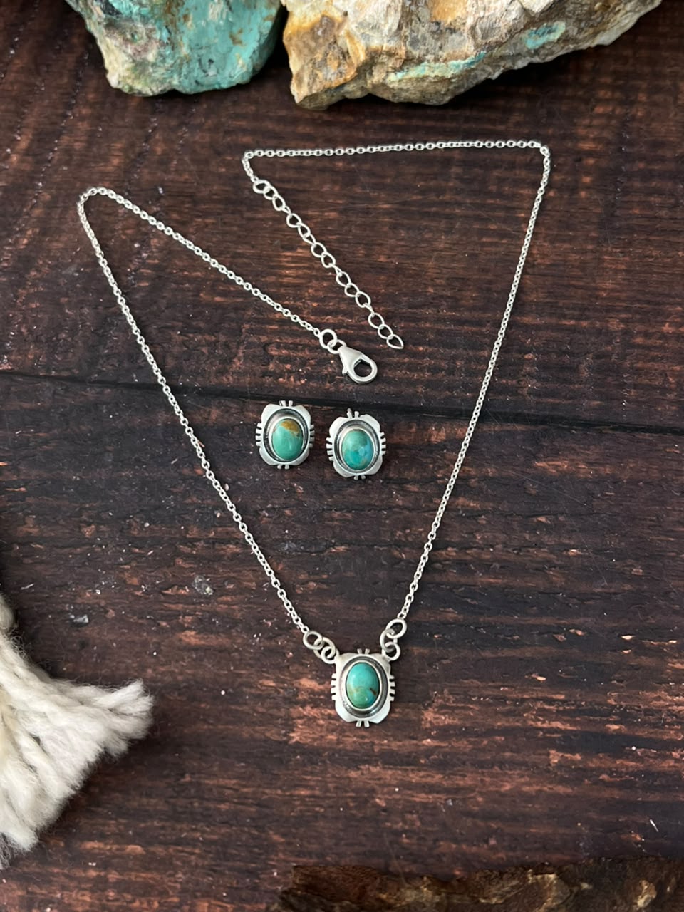 Handmade Sterling Silver Kingman Turquoise Necklace and Earrings Set Signed Nizhoni