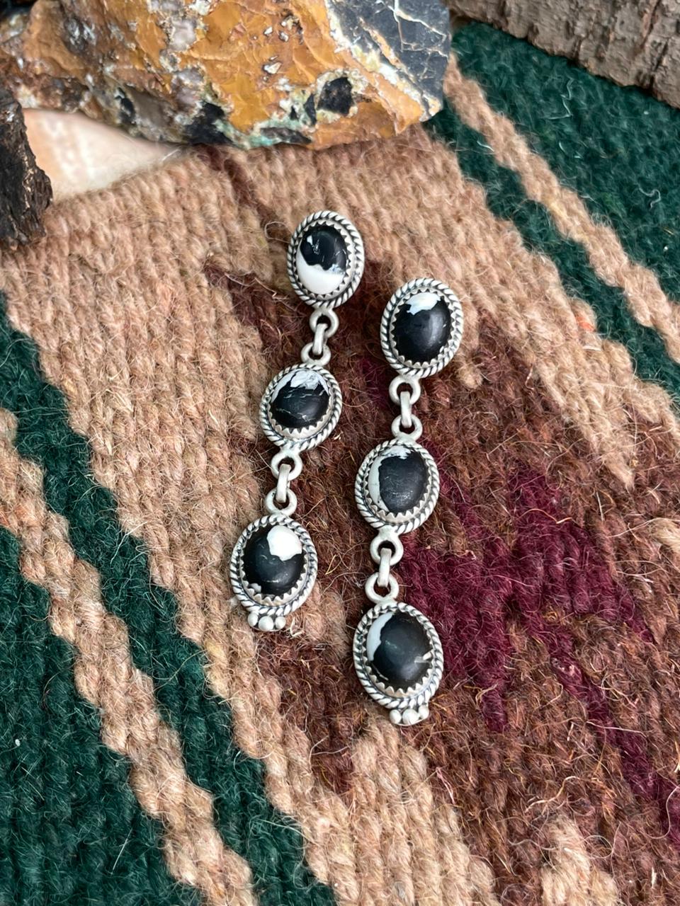 Handmade Sterling Silver White Buffalo Post Dangle Earrings "Signed Nizhoni"