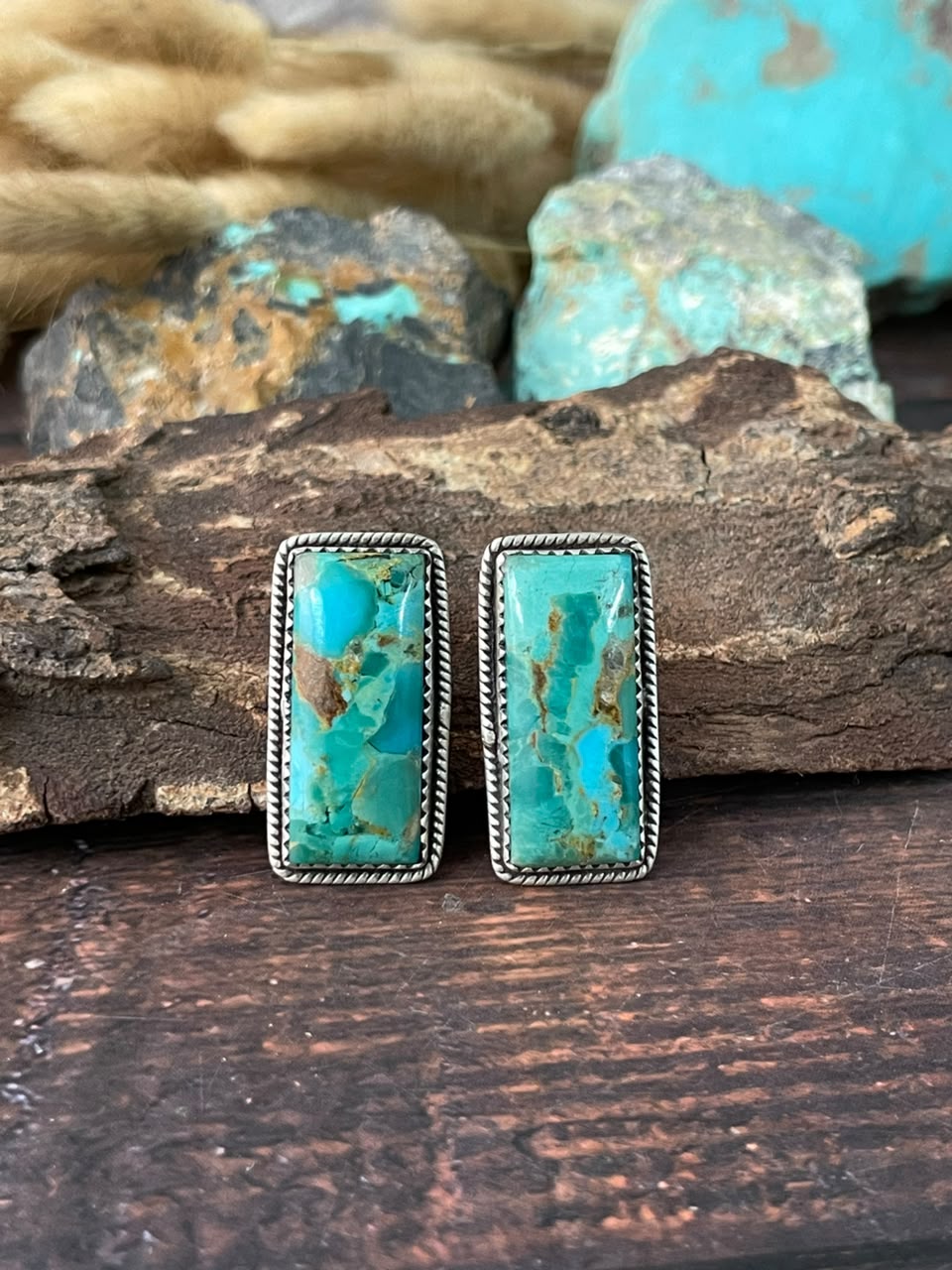 Handmade Sterling Silver Kingman Turquoise Bar Post Studs Earrings Signed Nizhoni