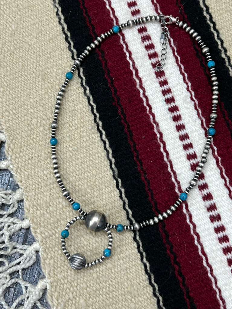 Handmade Sterling Silver Kingman Turquoise Beaded Necklace with Signed Nizhoni