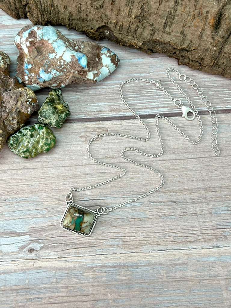 Handmade Sterling Silver Royston Ribbon Turquoise Necklace with Signed Nizhoni