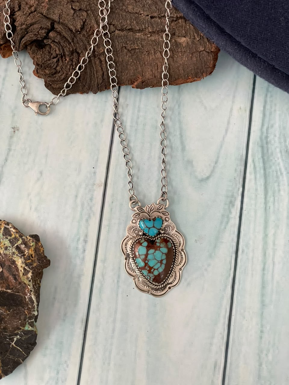 Handmade Sterling Silver Egyptian Turquoise Collection: Heart Necklace Signed Nizhoni