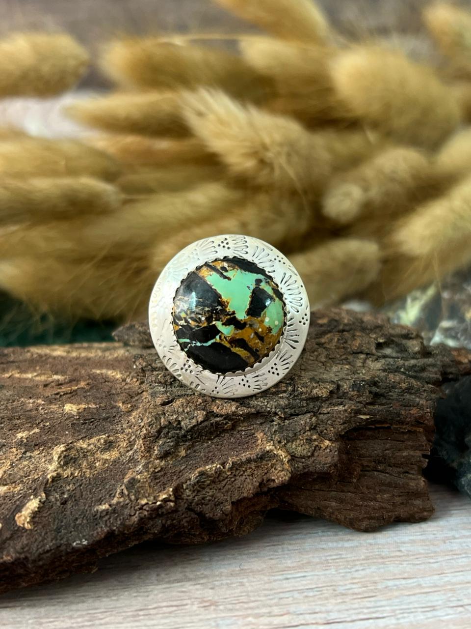Handmade Sterling Silver Blackjack Turquoise Adjustable Ring "Signed Nizhoni"