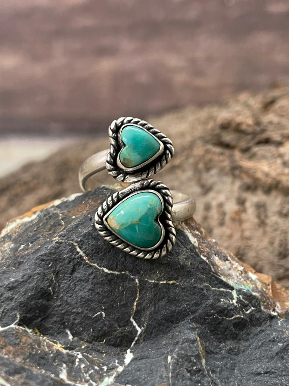 "Heart Collection" Handmade Sterling Silver Kingman Turquoise Adjustable Ring "Signed Nizhoni"