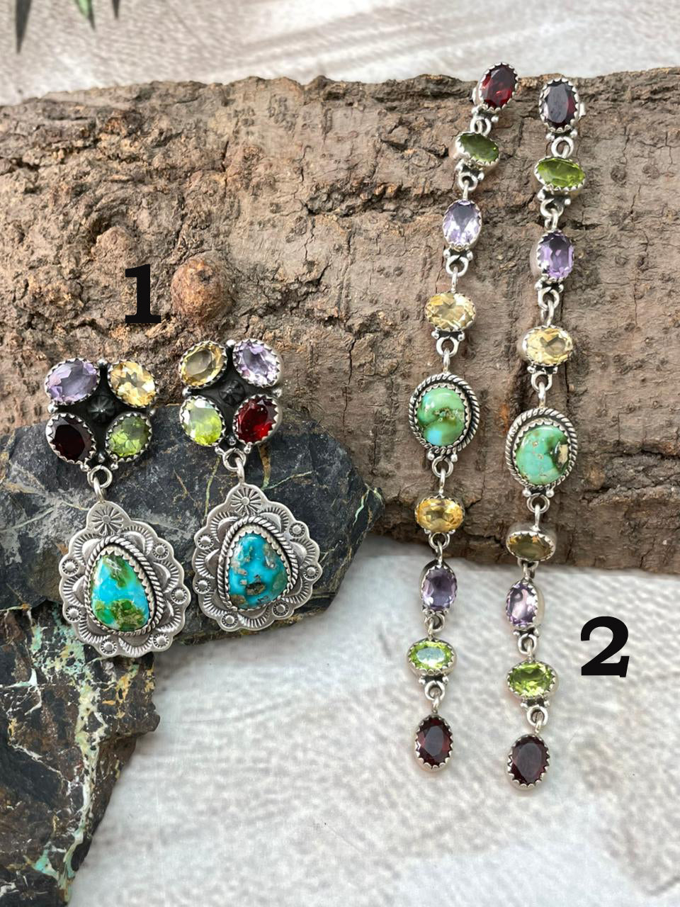 Handmade Sterling Silver Sonoran with Cut Stones Post Dangle Earrings "Signed Nizhoni"
