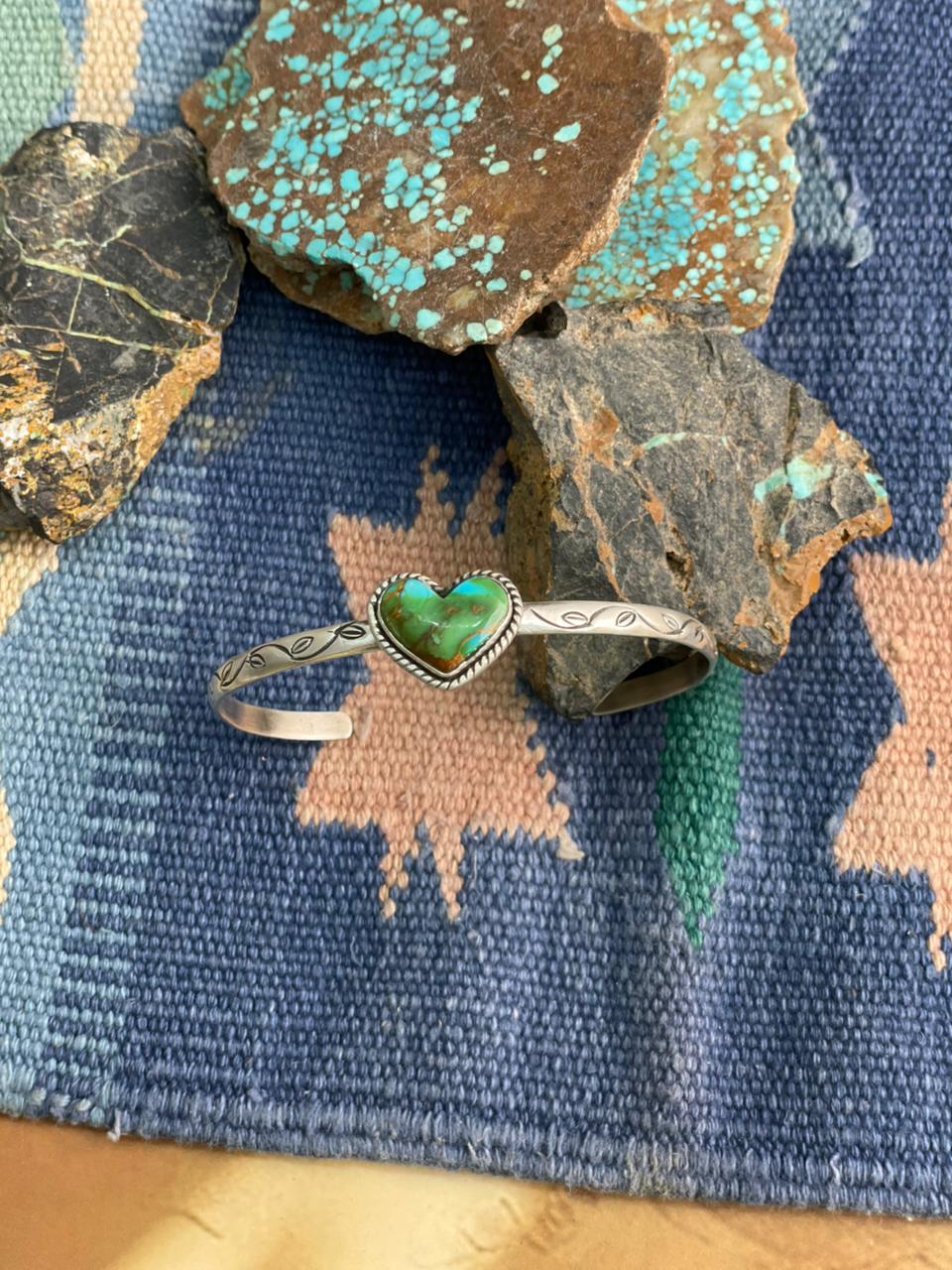 Handmade Sterling Silver Sonoran Mountain Turquoise Heart Cuff Bracelet "Signed Nizhoni"