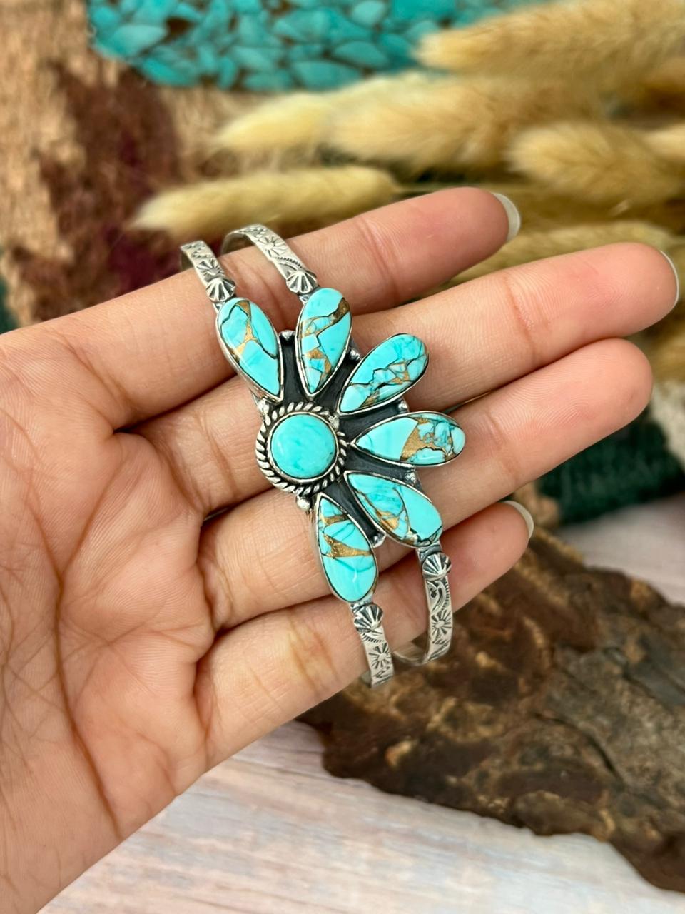 Handmade Sterling Silver Mint Dahlia Collection: Cuff Bracelet "Signed Nizhoni"