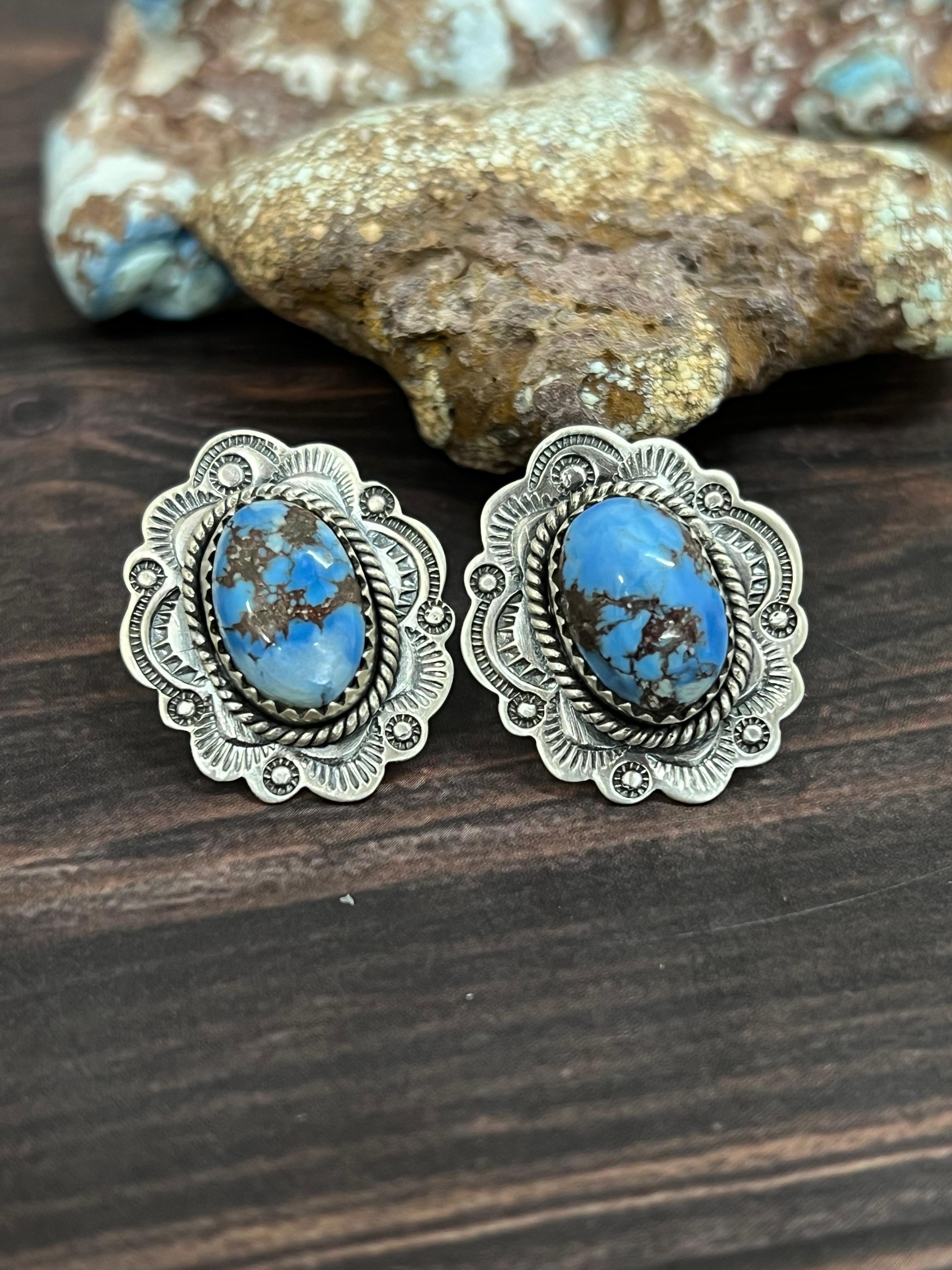 Handmade Sterling Silver Golden Hills Turquoise Post Studs with Signed Nizhoni