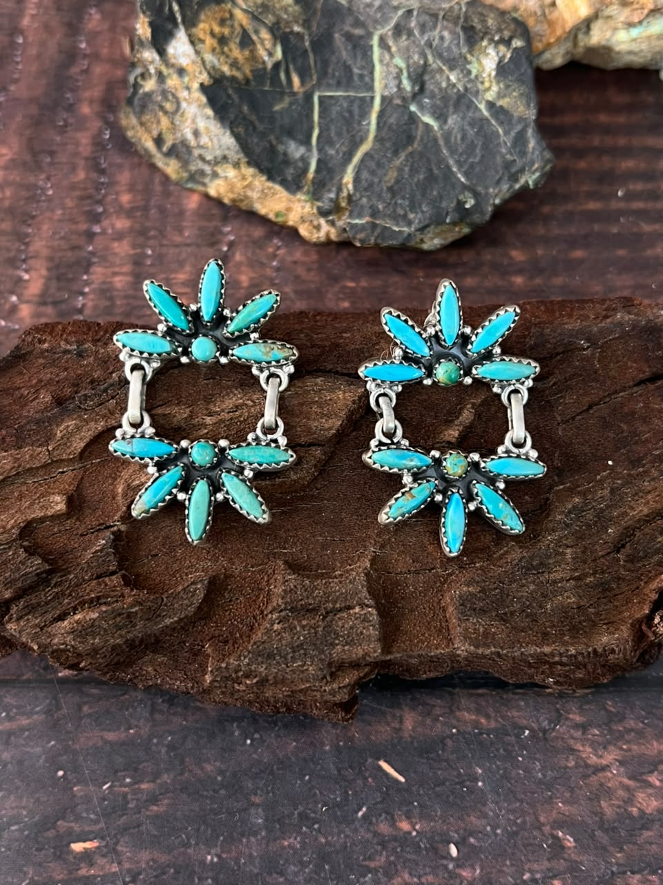 Handmade Sterling Silver Kingman Turquoise Post Dangle Earrings Signed Nizhoni