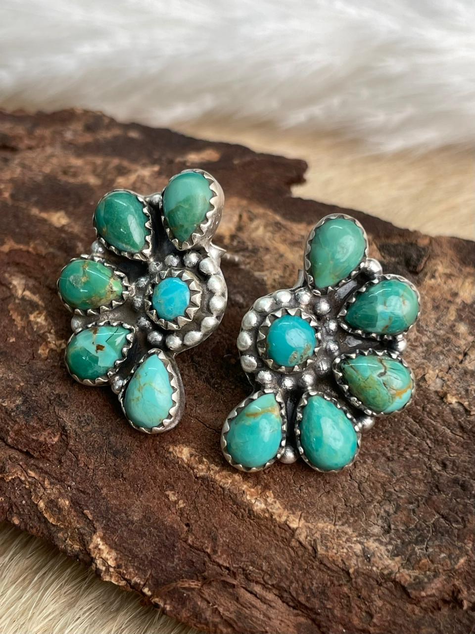 Handmade Sterling Silver Kingman Turquoise Post Studs Earrings "Signed Nizhoni"