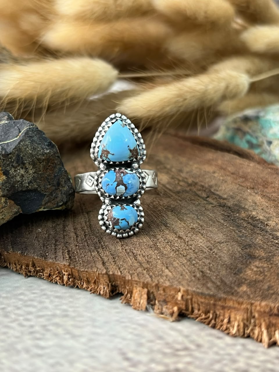 Handmade Sterling Silver Golden Hills Turquoise Adjustable Ring Signed Nizhoni