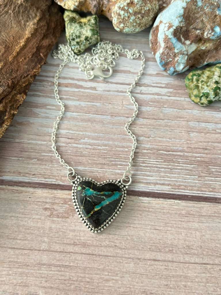Handmade Sterling Silver Blackjack Turquoise Heart Necklace with Signed Nizhoni (4)