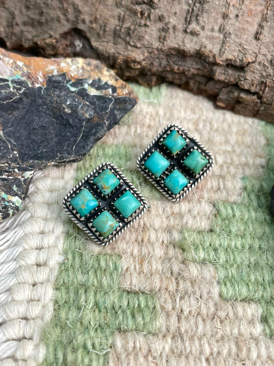 Handmade Sterling Silver Kingman Turquoise Post Studs Earrings "Signed Nizhoni"