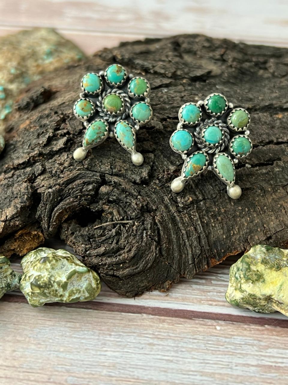 Handmade Sterling Silver Kingman Turquoise Post Studs with Signed Nizhoni