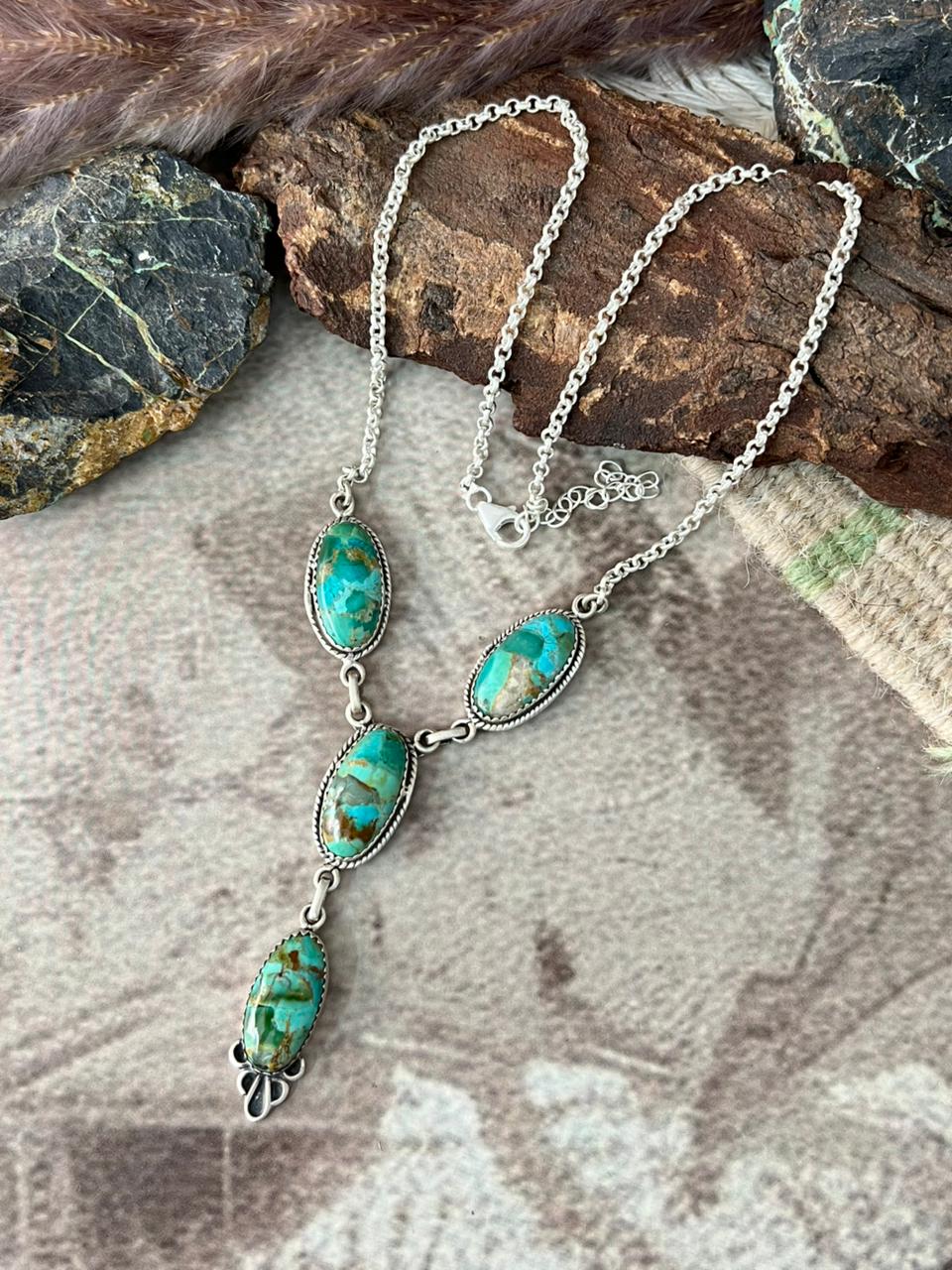 Handmade Sterling Silver Kingman Turquoise Drop Necklace "Signed Nizhoni"