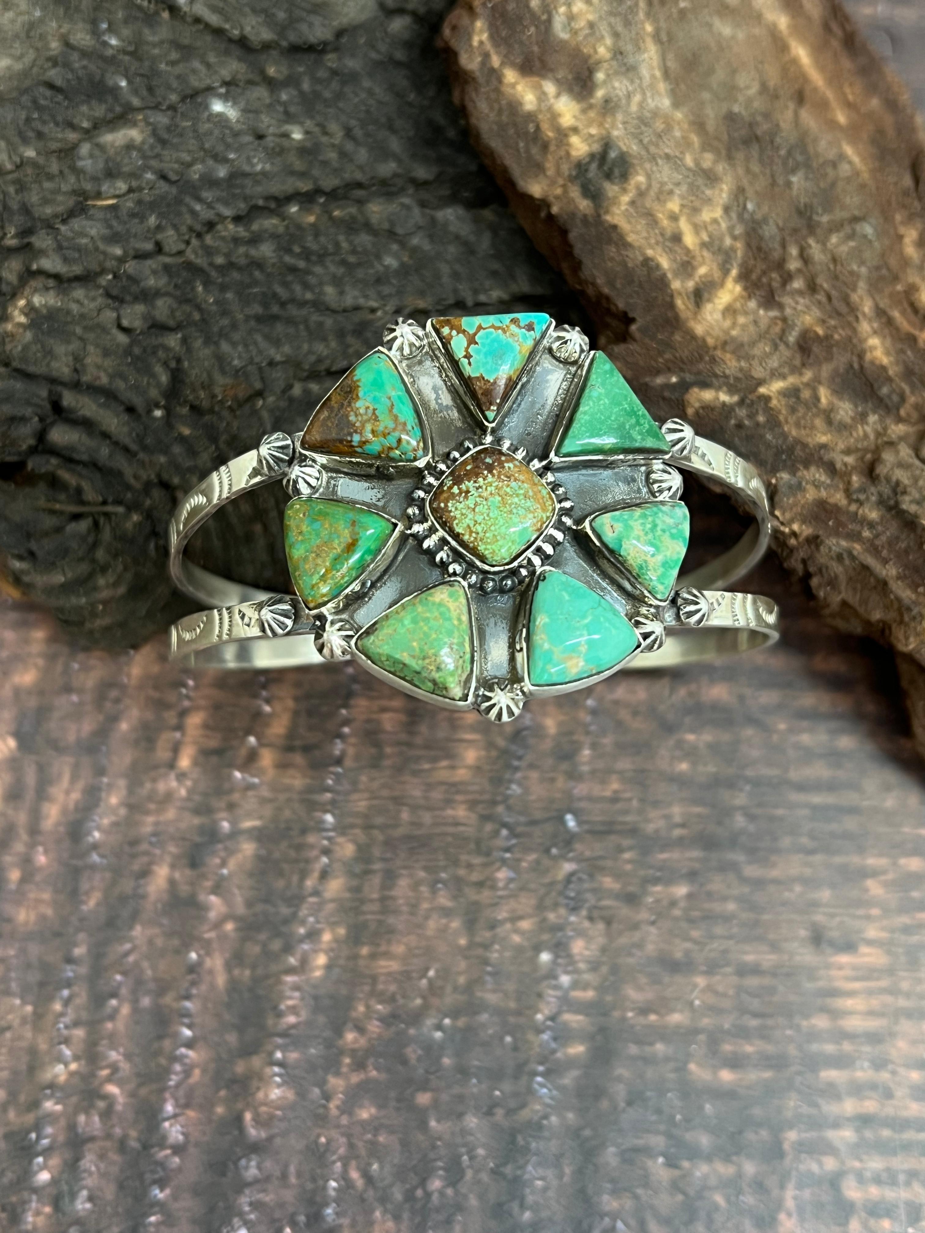 Handmade Sterling Silver Mantis Turquoise Cuff Bracelet Signed Nizhoni