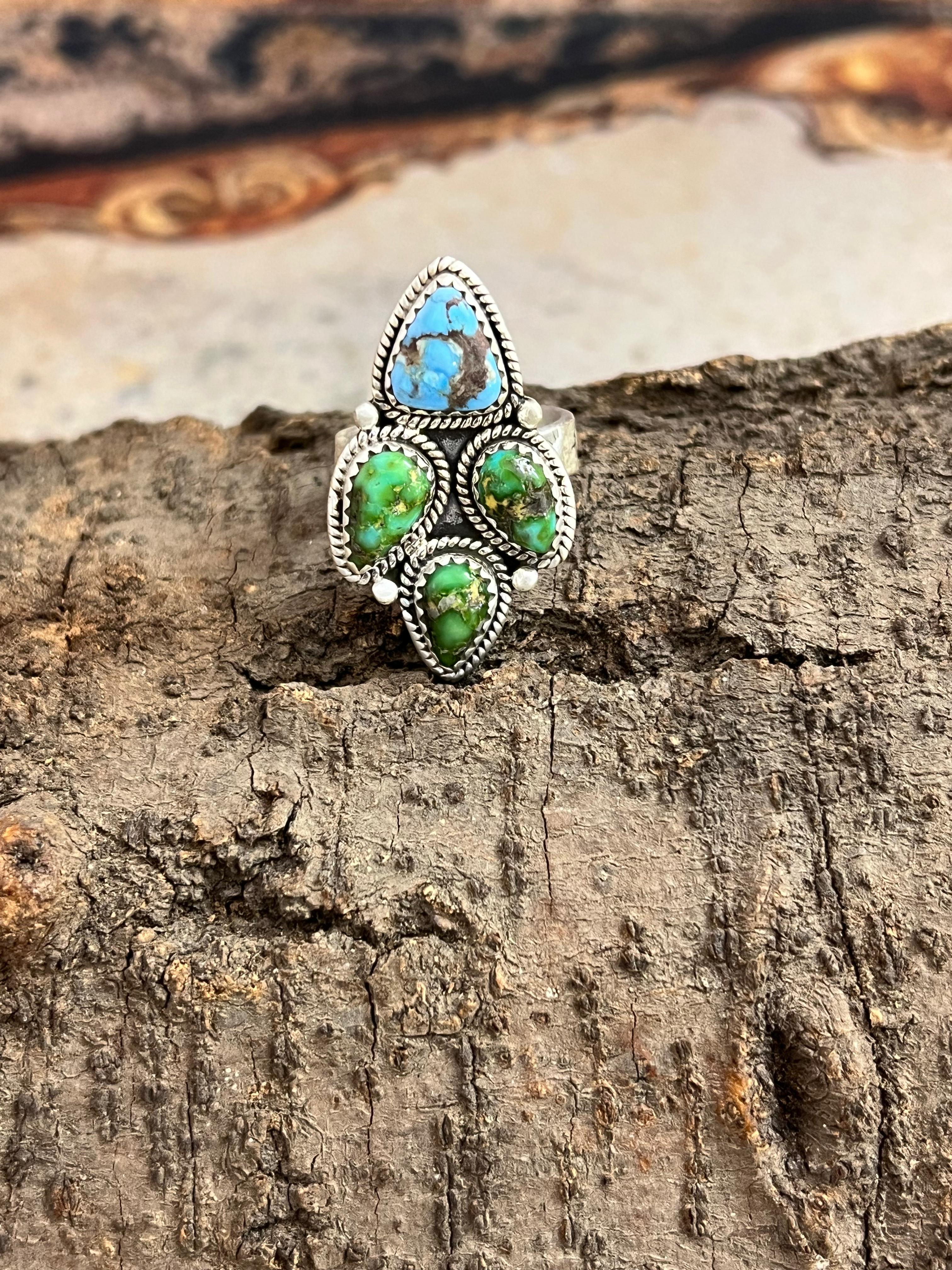 Handmade Sterling Silver Sonoran Mountain Turquoise, Golden Hills Turquoise Adjustable Ring, Signed Nizhoni (7)