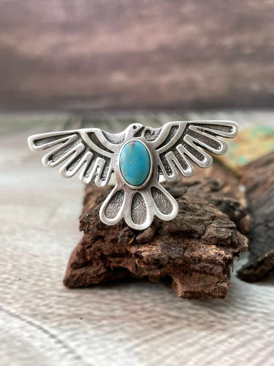 Handmade Sterling Silver Kingman Turquoise Adjustable Thunder Bird Ring "Signed Nizhoni"