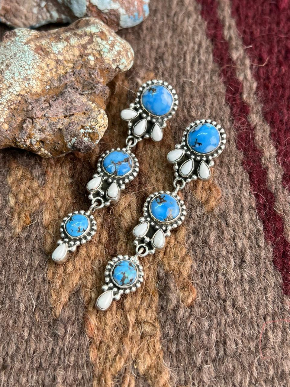 Handmade Sterling Silver Golden Hills with White Collection Post Dangle Earrings "Signed Nizhoni"