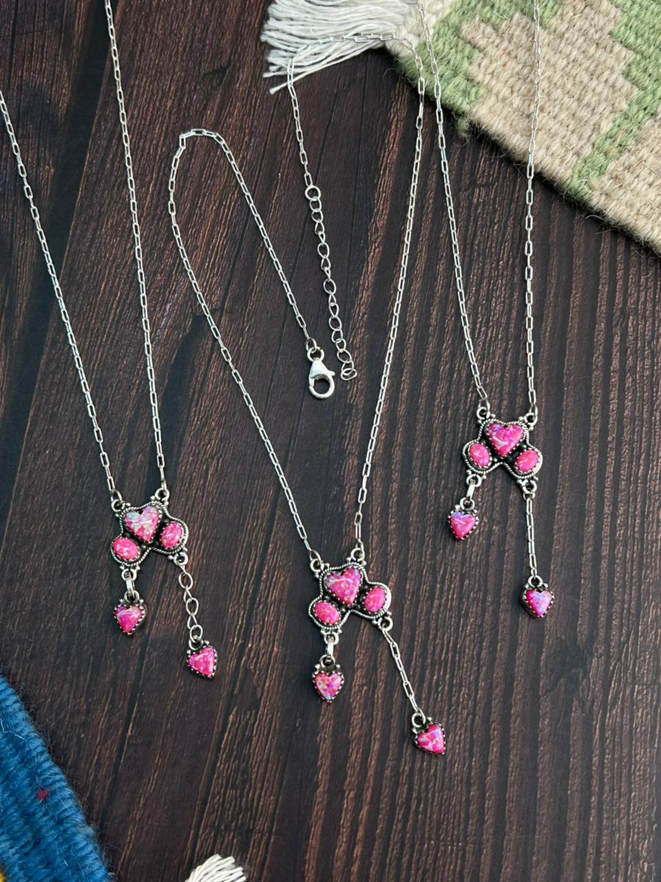 "Heart Collection" Handmade Sterling Silver Hot Pink Necklace "Signed Nizhoni"
