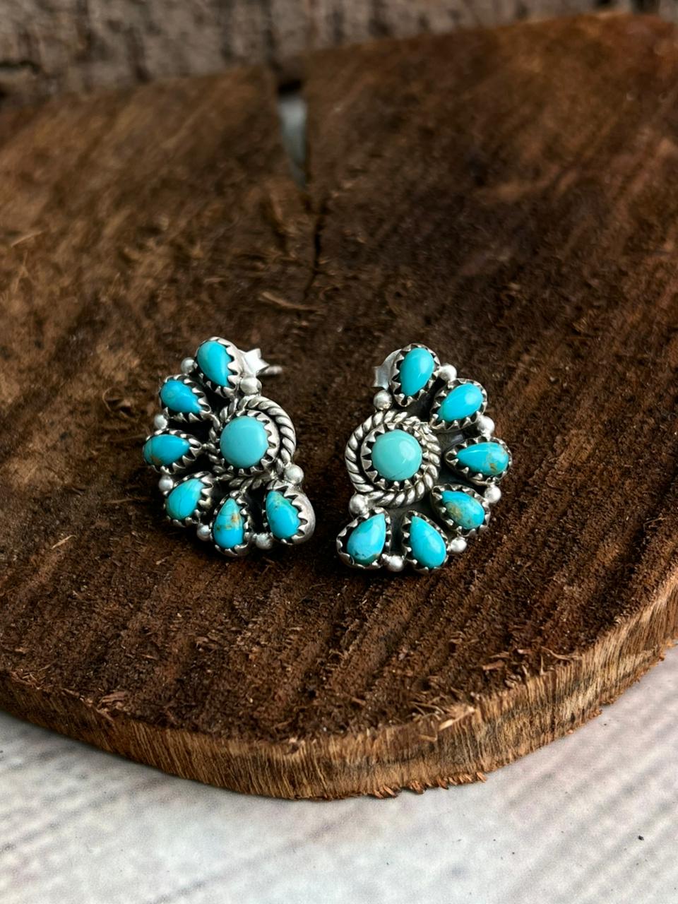 Handmade Sterling Silver Kingman Turquoise Post Studs Earrings "Signed Nizhoni"