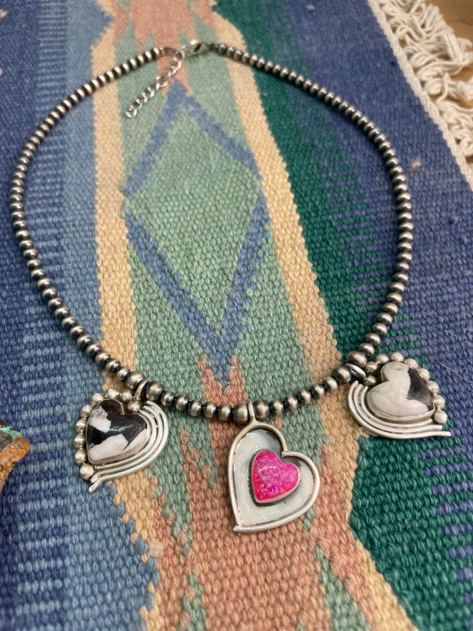Handmade Sterling Silver White Buffalo with Hot Pink Beaded Heart Necklace "Signed Nizhoni"