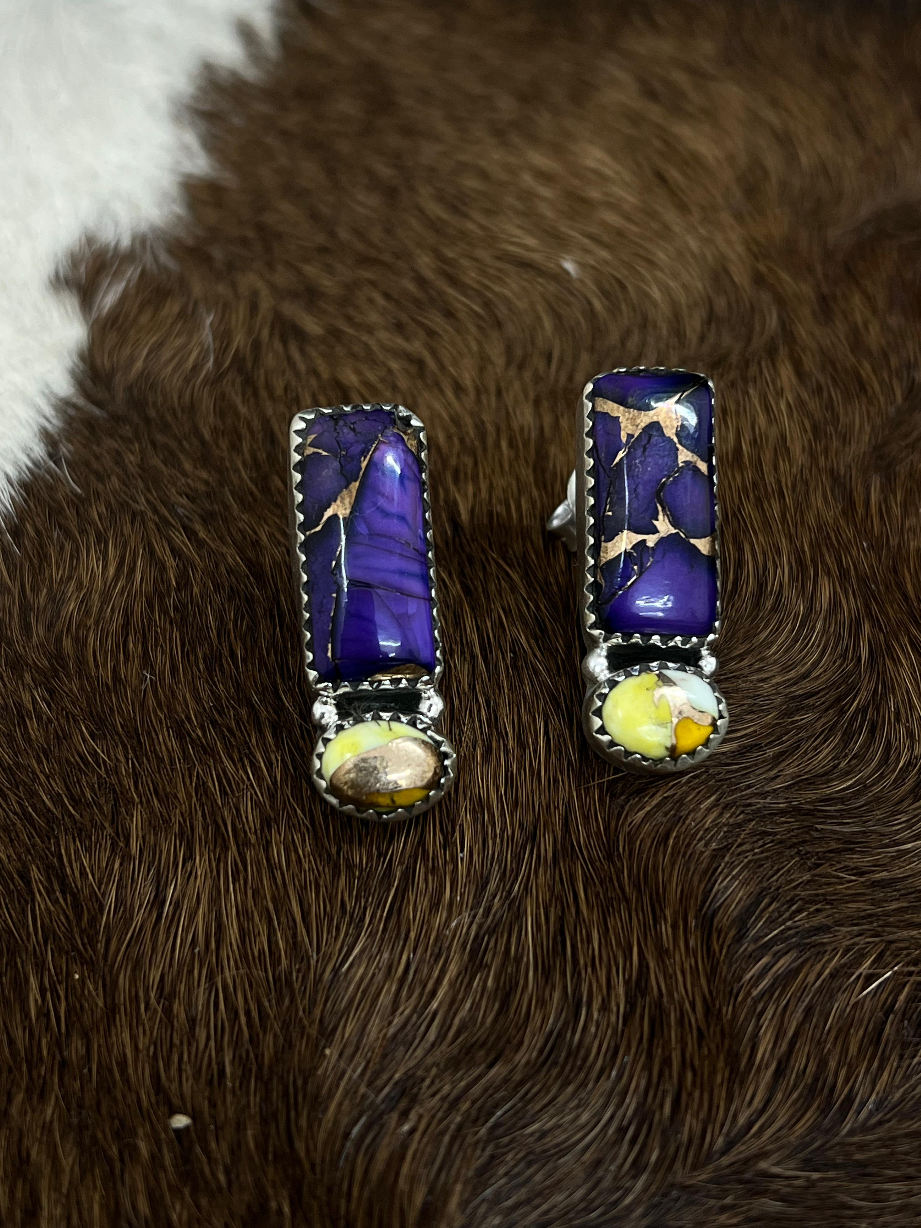 Handmade Sterling Silver Grape Dahlia With Honey Dahlia Post Studs with Signed Nizhoni