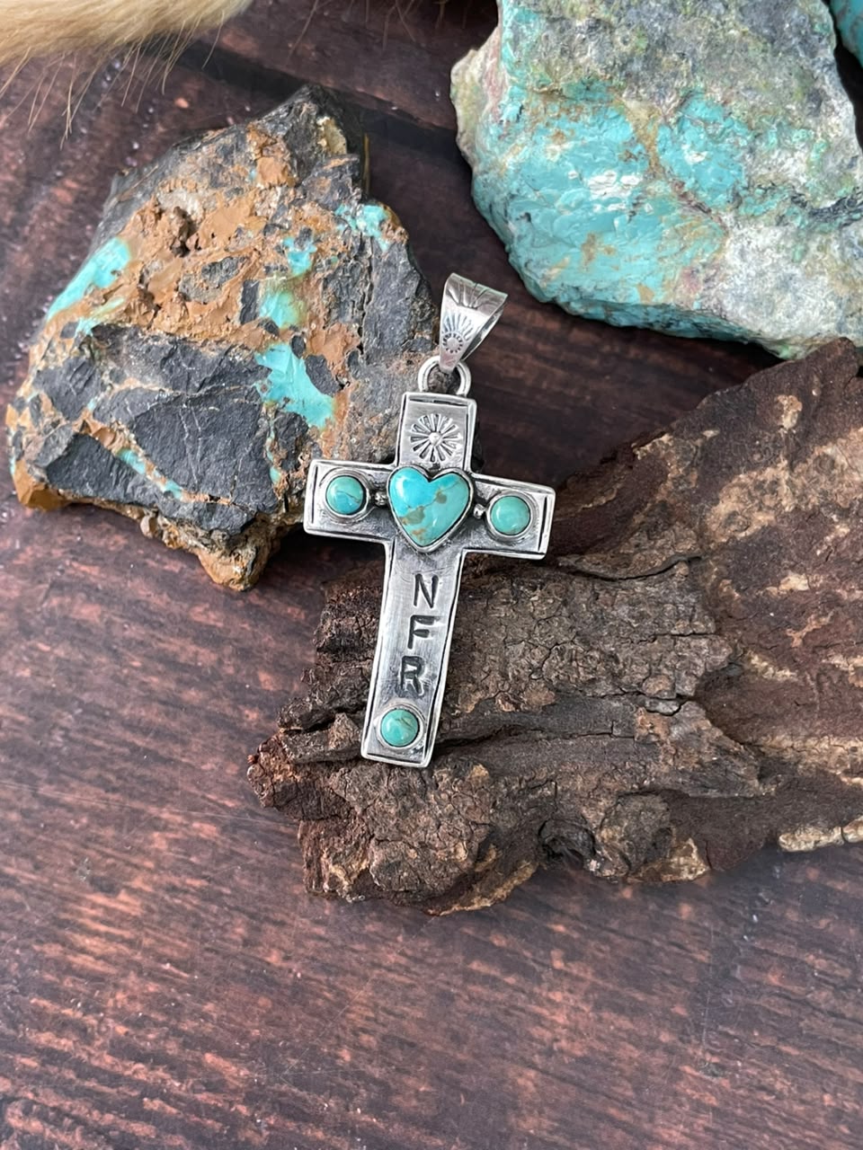 Handmade Sterling Silver Kingman Turquoise NFR Collection: Cross Pendant Signed Nizhoni
