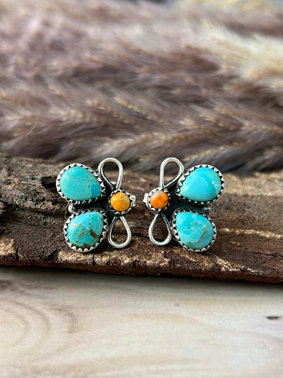 Handmade Sterling Silver Orange Mojave with Kingman Turquoise Post Studs Earrings Signed Nizhoni