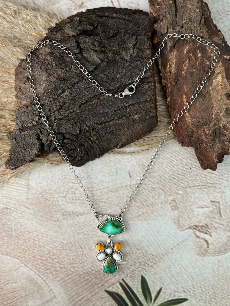Handmade Sterling Silver Sonoran Mountain Turquoise with Bumblebee and White Buffalo Spring Collection: Necklace Signed Nizhoni