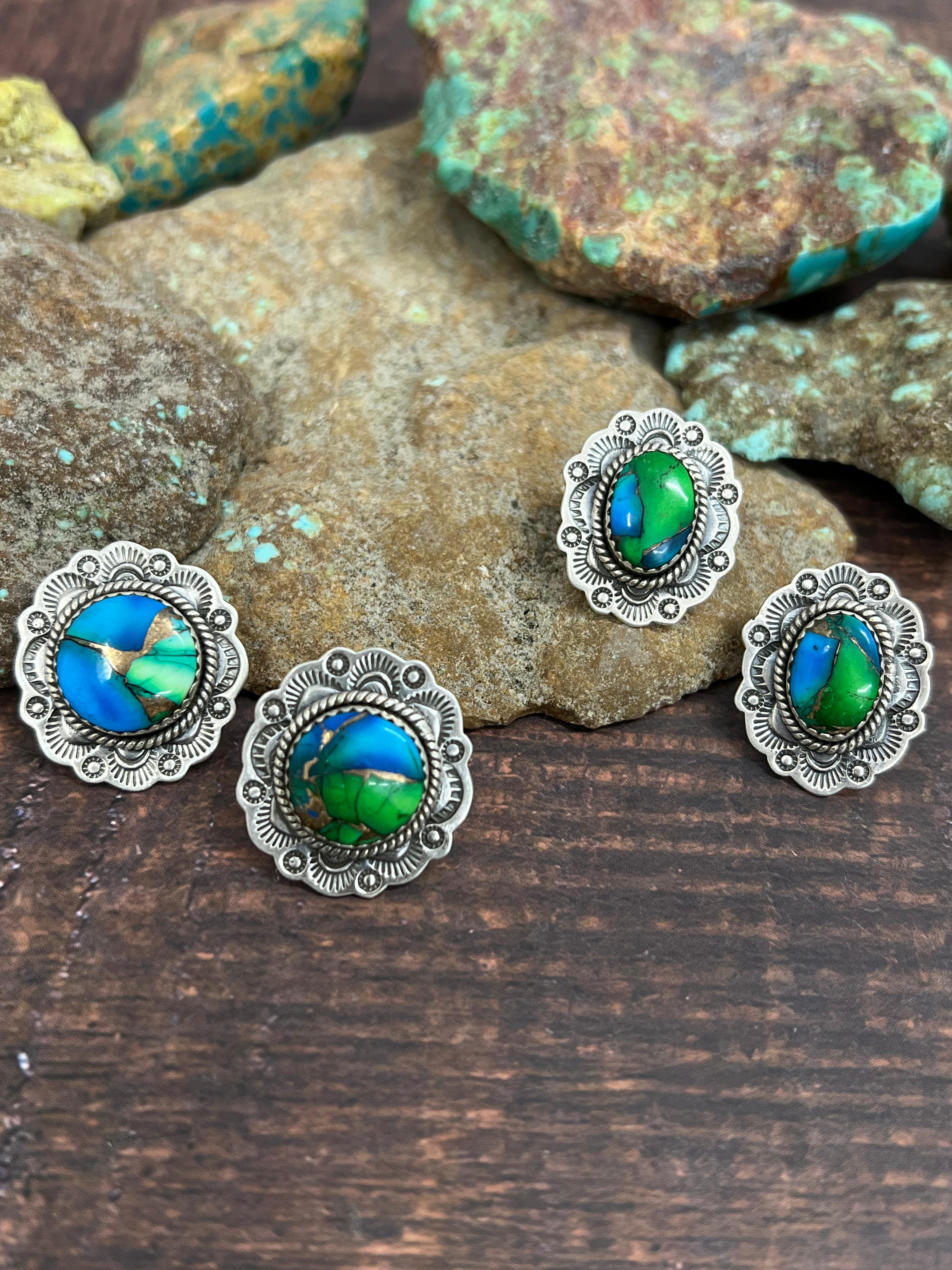 Handmade Sterling Silver Peacock Dahlia Post Earrings with Signed Nizhoni