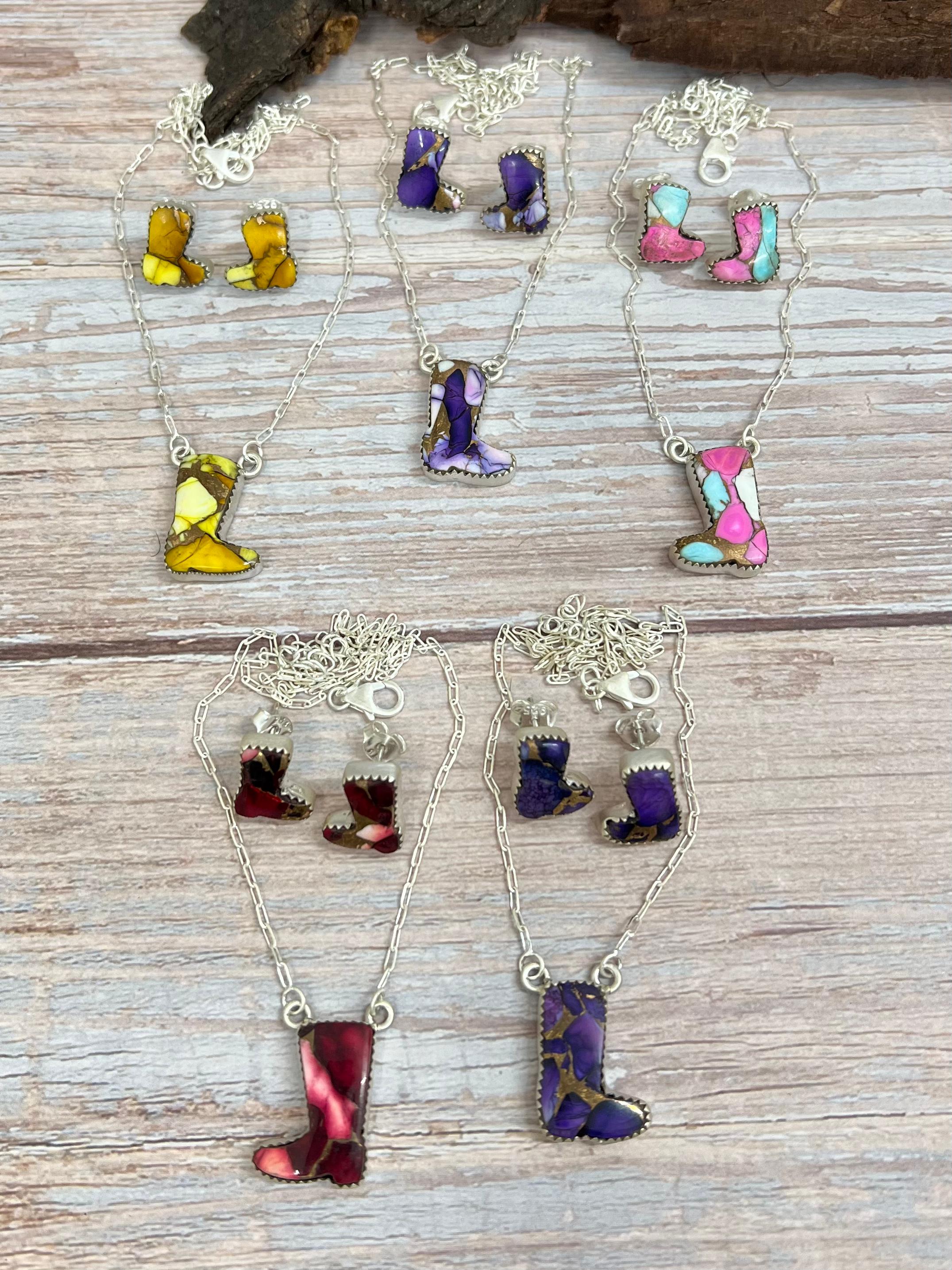 Handmade Sterling Silver Multi Stone Boot Necklace Earrings Set Signed Nizhoni