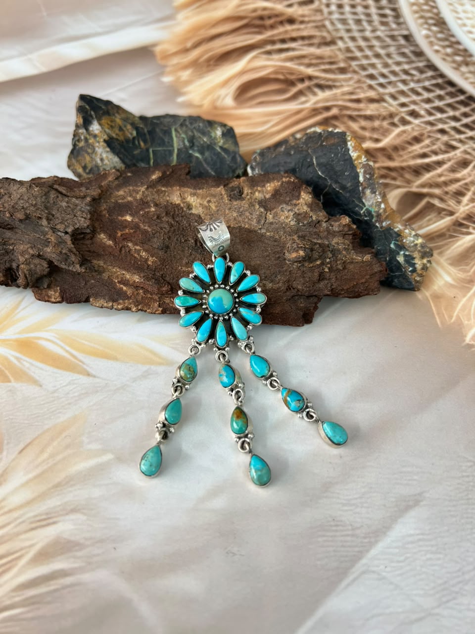 Handmade Sterling Silver Kingman Turquoise Pendant Signed Nizhoni