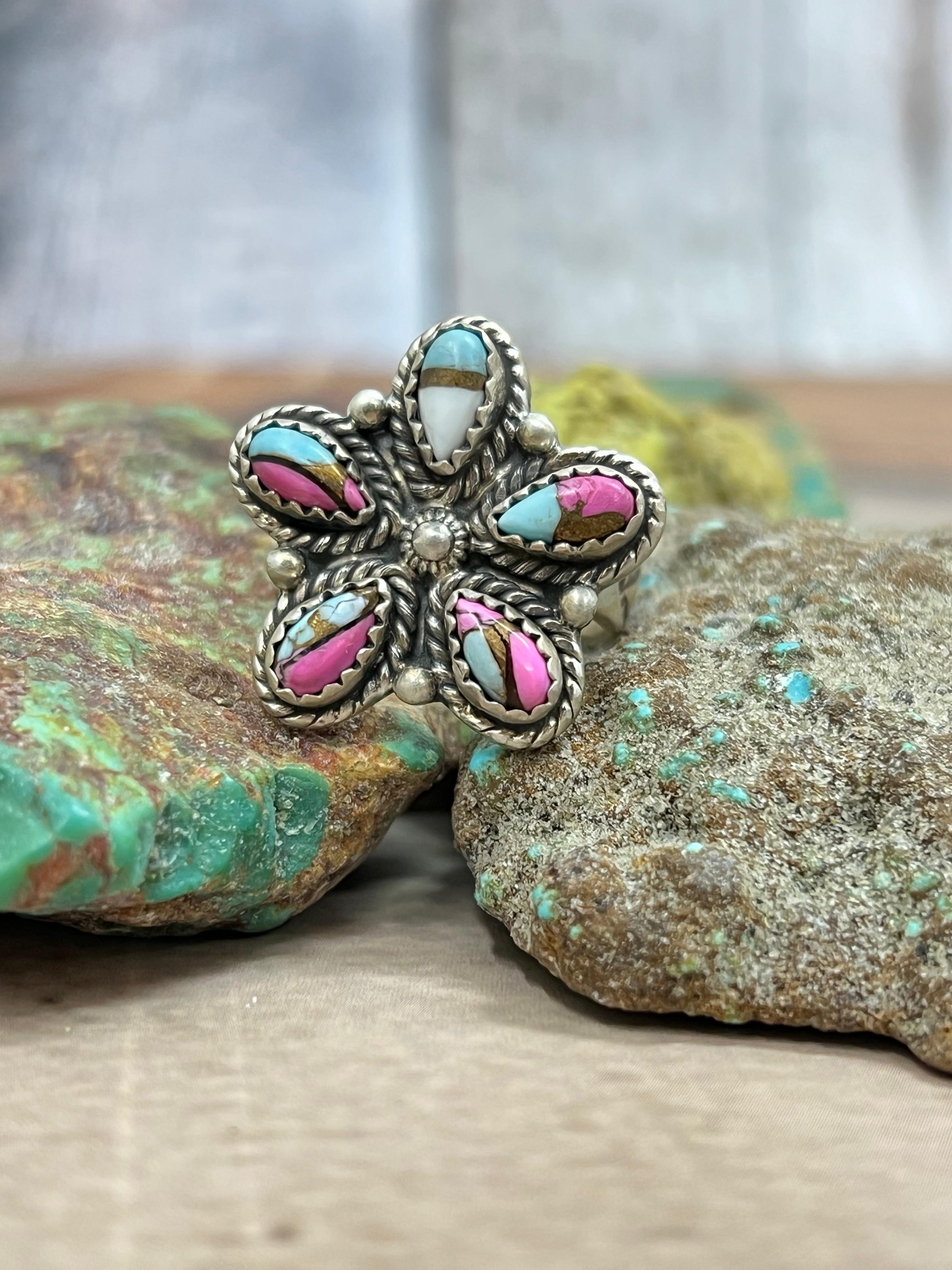 Handmade Sterling Silver Cotton Candy Turquoise Adjustable Ring with Signed Nizhoni