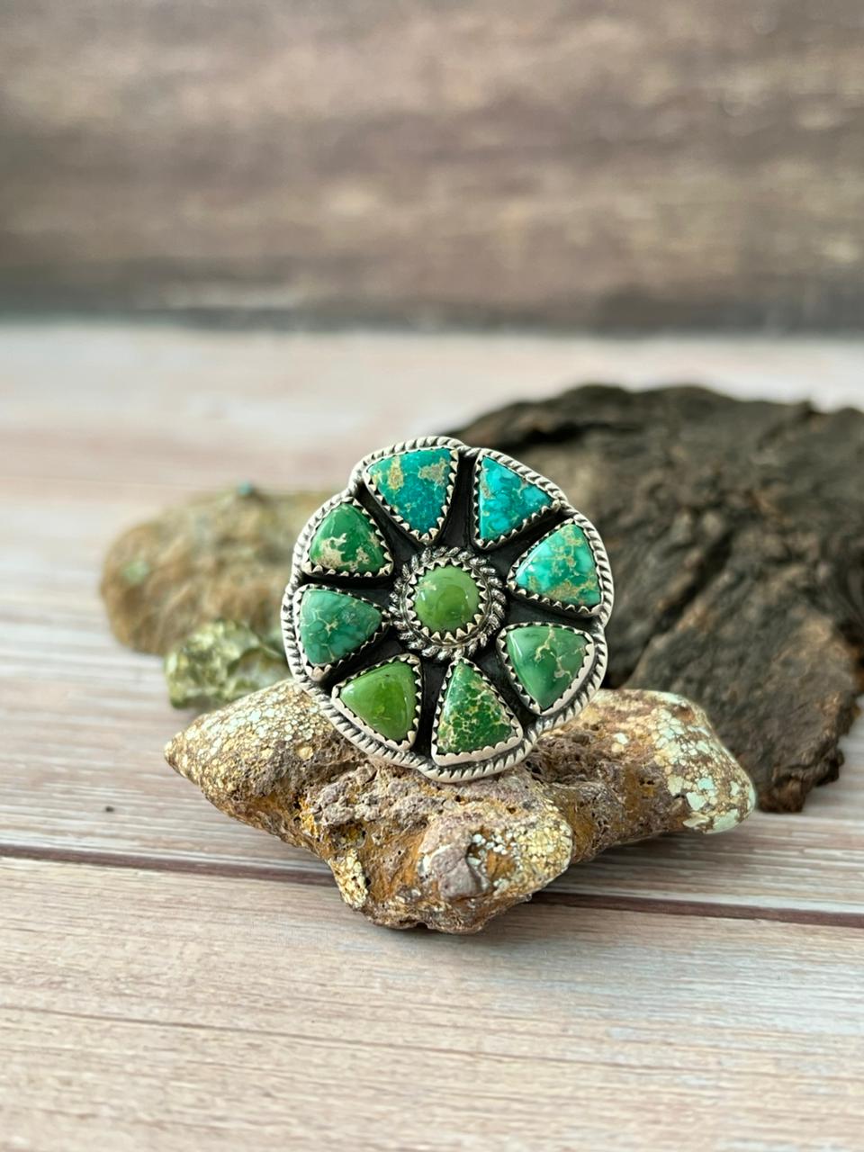 Handmade Sterling Silver Emerald Valley Turquoise Adjustable Ring With Signed Nizhoni