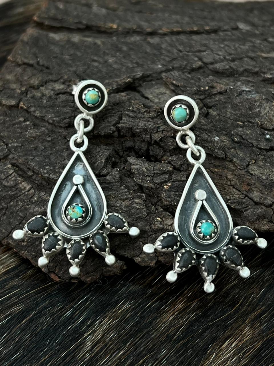 Handmade Sterling Silver Kingman Turquoise Post Dangle Earrings "Signed Nizhoni"