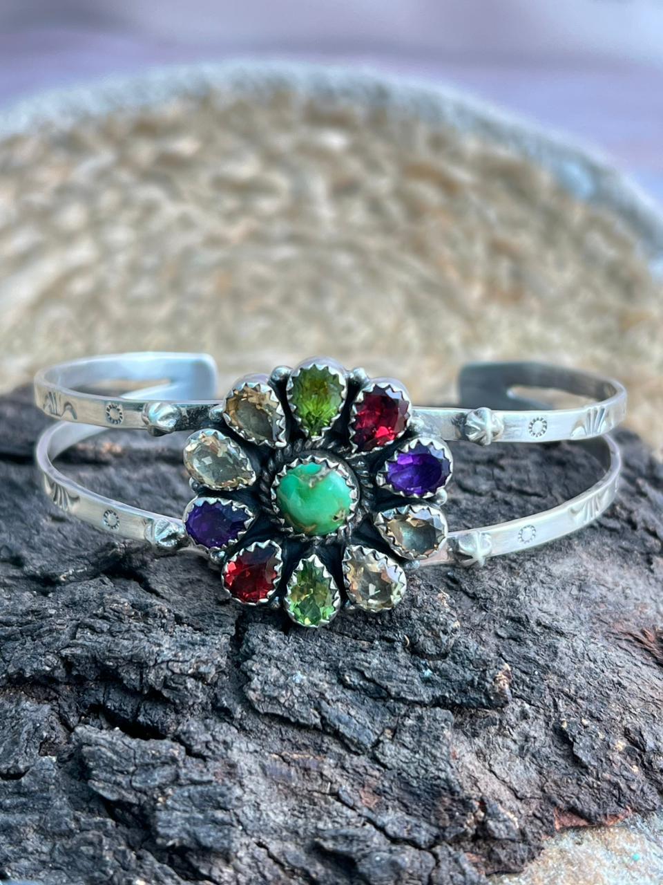 Handmade Sterling Silver Sonoran with Cut Stone Bracelet "Signed Nizhoni"