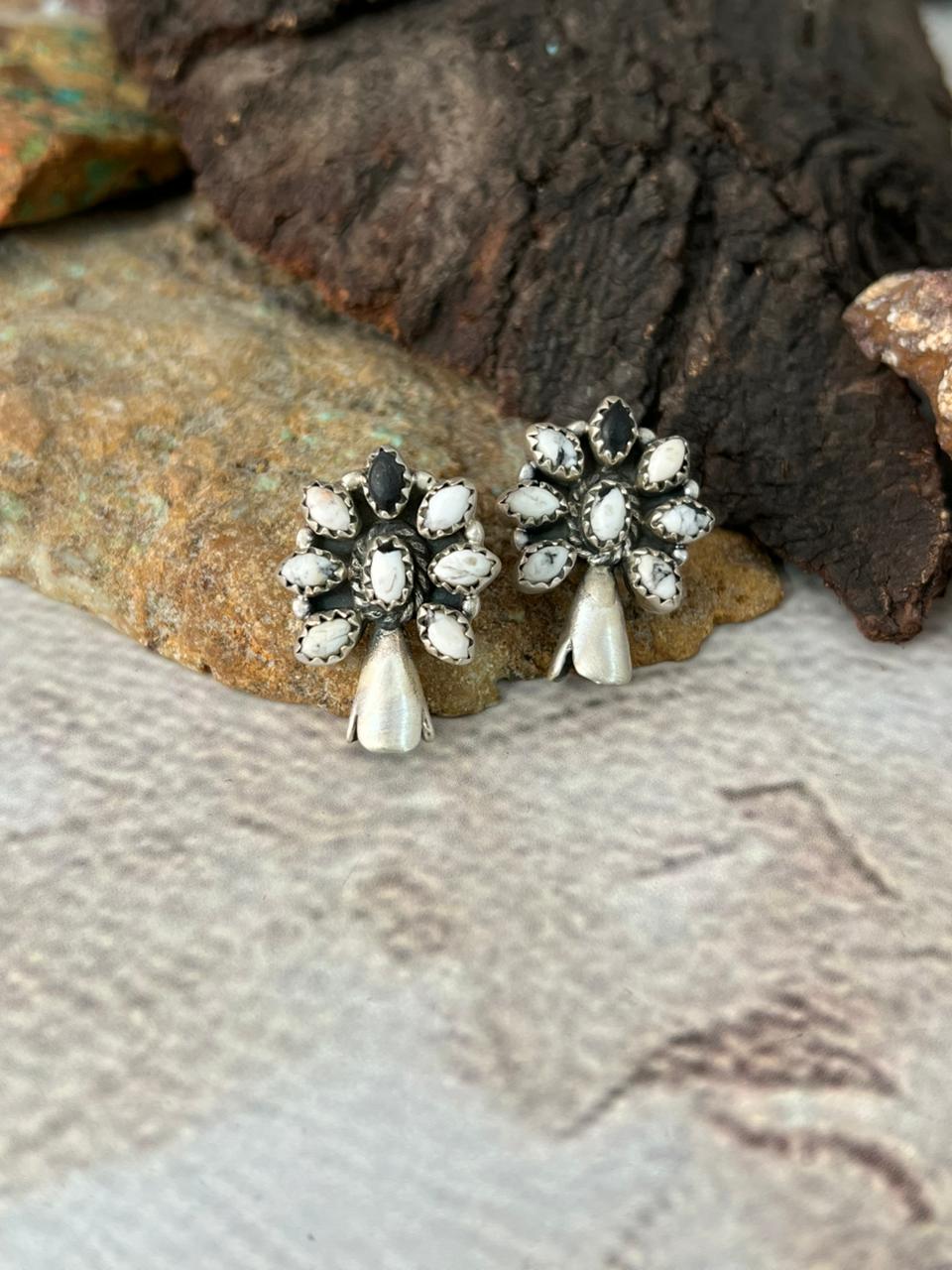 Handmade Sterling Silver White Buffalo Post Studs Earrings "Signed Nizhoni"