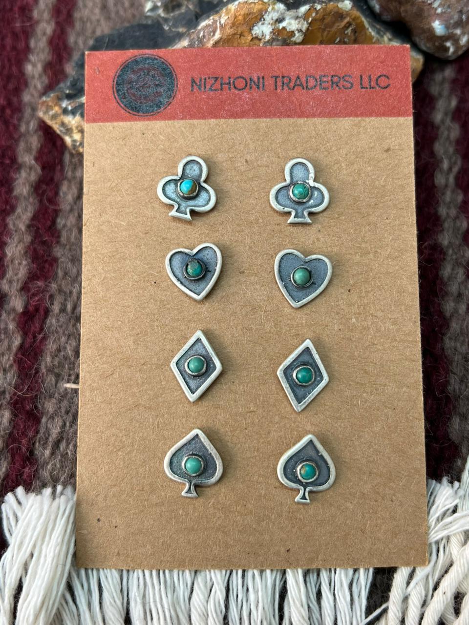 Handmade Sterling Silver Kingman Turquoise Post Studs Spade Earrings Set